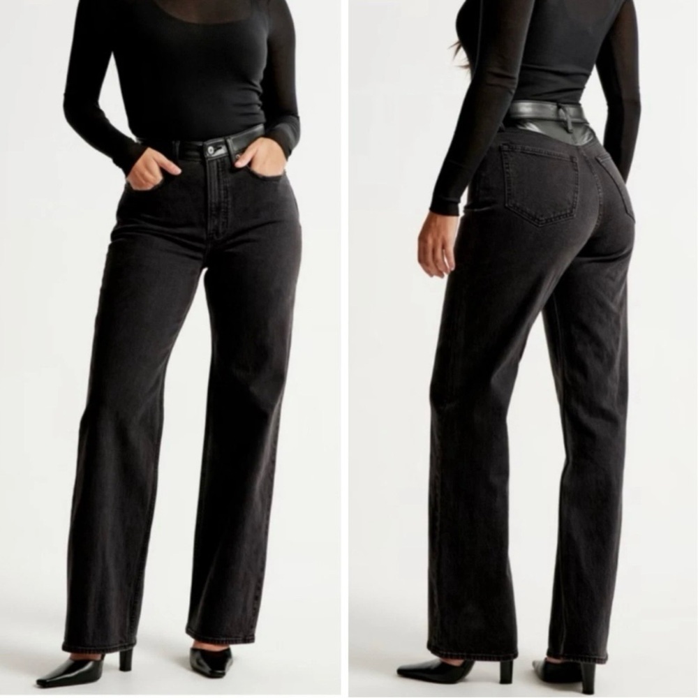 Abercrombie Fitch Jeans Women 32 90s Relaxed High Rise Black Faux Leather Trim